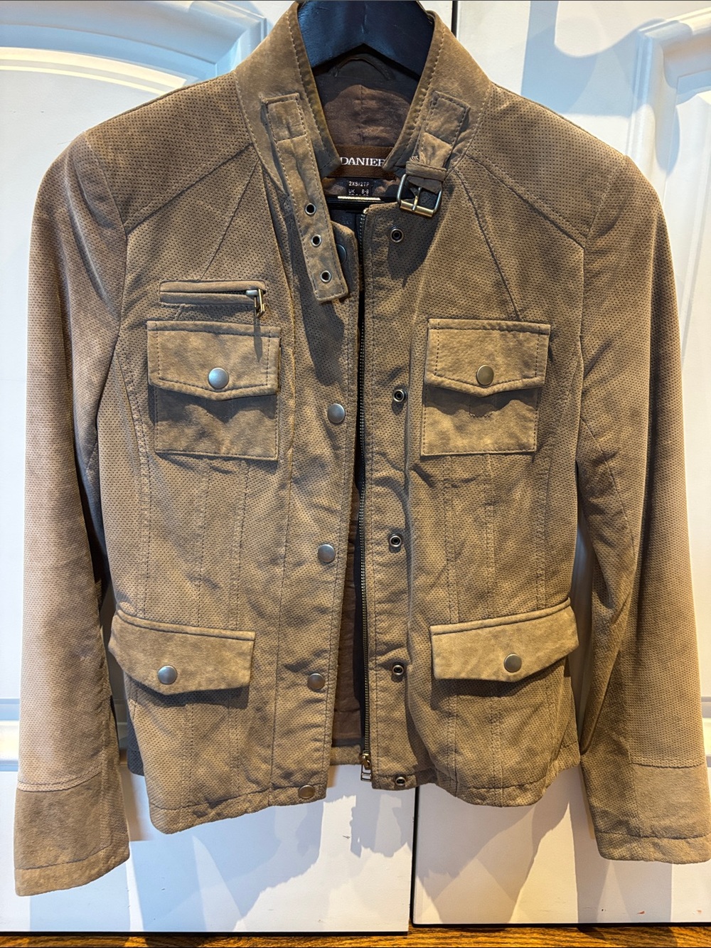 Danielle women’s Suede Utility Jacket in Tan/grey